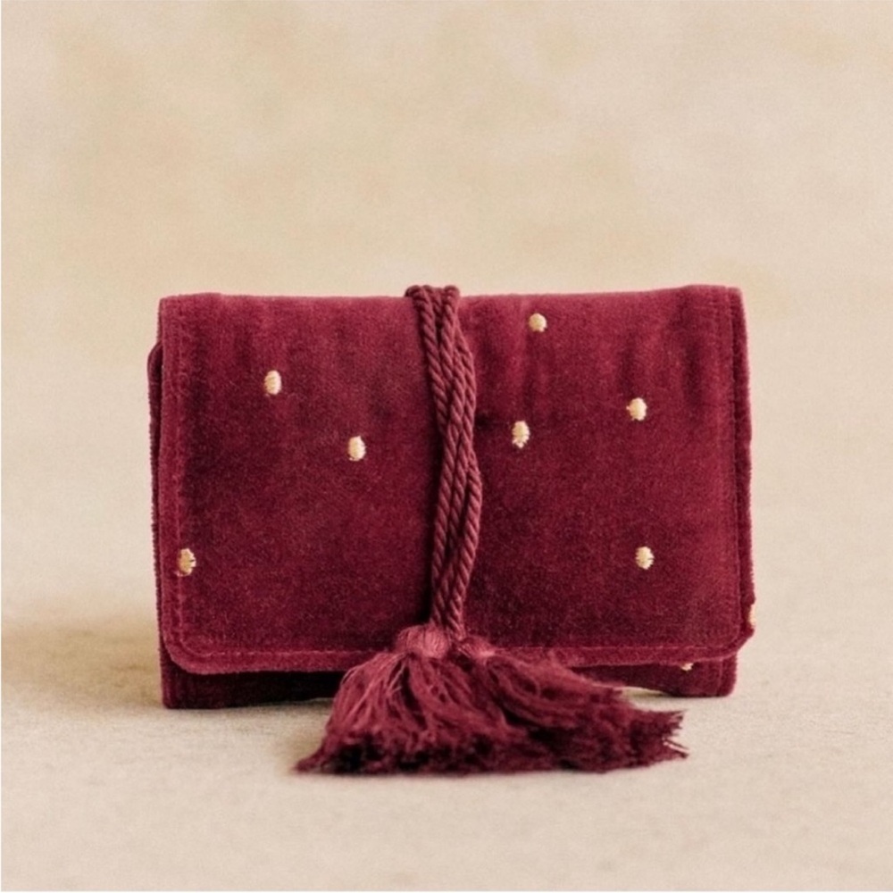 Sezane Rich Burgundy jewelry Clutch with Gold Dots